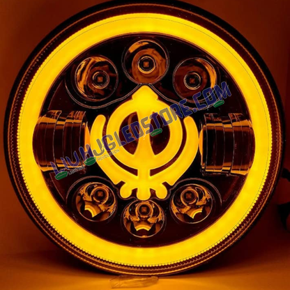 HJG 7-Inch LED Headlight with Dual-Color Halo (Yellow & White) – Round Universal Fit for Royal Enfield, Jeep & Harley Davidson (Khanda Edition)