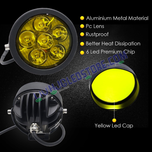 HJG 6 LED 120W Round CREE Fog Light with Yellow Cover – High Power LED Fog Lamps for Bikes, Cars & SUVs (Set of 2 with Wiring Harness Kit)