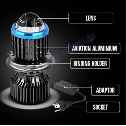 HJG H4 LED Headlight Bulb with White & Yellow Lens – 50W Dual Beam (High/Low) Metallic Body for Motorcycles, Cars & SUVs – H4 Type