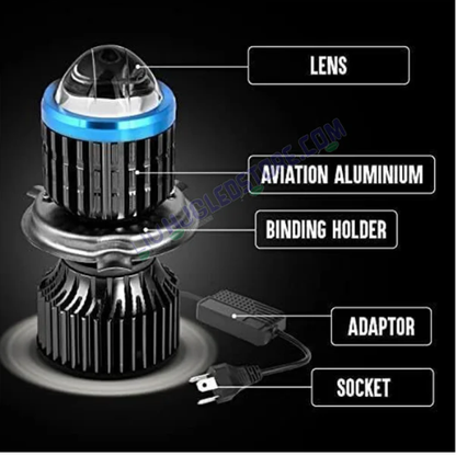 HJG H4 LED Headlight Bulb with White & Yellow Lens – 50W Dual Beam (High/Low) Metallic Body for Motorcycles, Cars & SUVs – H4 Type