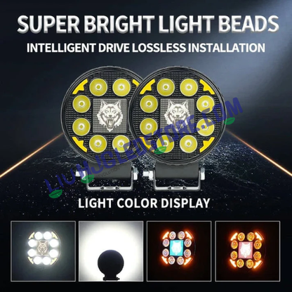 HJG 8 LED Round Fog Lights 60W, Set of 2 | White Beam 6000K, Red DRL with Flash Mode for Motorcycle and Car