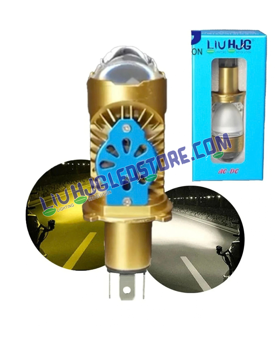 HJG RTD Lens H4 50W Dual-Color LED Projector Bulb | Yellow 3000K Low Beam & White 6500K High Beam | 3500–5000LM | Cooling Fan | H4 Plug & Play | 12–80V DC | Bike & Car | Pack of 1