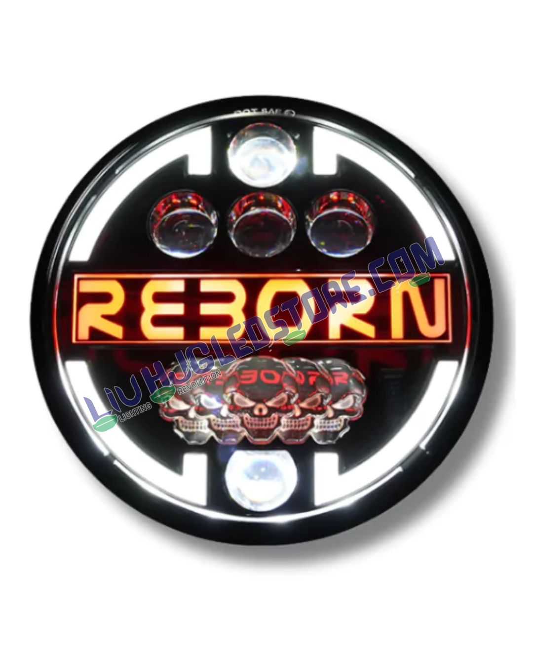 HJG Reborn 7-Inch 90W Round LED Headlight | White and Amber Dual Halo DRL | H4 3-Pin | Royal Enfield, Thar, Jeep and Harley Davidson