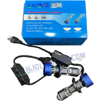 HJG H4 Dual Y6 RTD Condenser Projector LED Headlight Bulbs – 100W Hi/Lo Beam, 10,000LM H4 3-Pin Headlights with Cooling Fan for Cars & Motorcycles (Pack of 2)