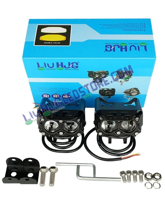 HJG Future Eyes 2-Lens 60W LED Fog Light Kit with Wiring Harness – Dual Color White/Yellow with Flash Mode, Universal Fit for Cars & Bikes