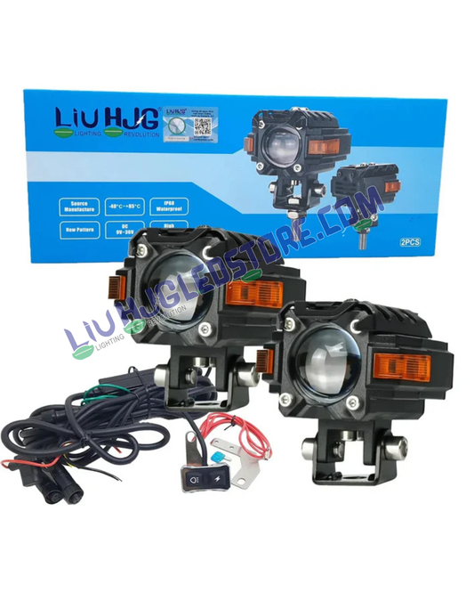 HJG Hazard S59 Single Lens 80W LED Fog Light Kit with Wiring Harness – Red & Amber DRL, Dual Color White/Yellow Beam, Universal for Cars & Bikes