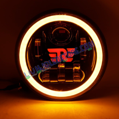 HJG 7-Inch RE Logo LED Headlight Assembly | 75–90W, Multi-Color DRL, High/Low Beam, CREE/Osram Chip, H4 Plug & PlayCompatible with Royal Enfield, Jeep, Thar & Gypsy