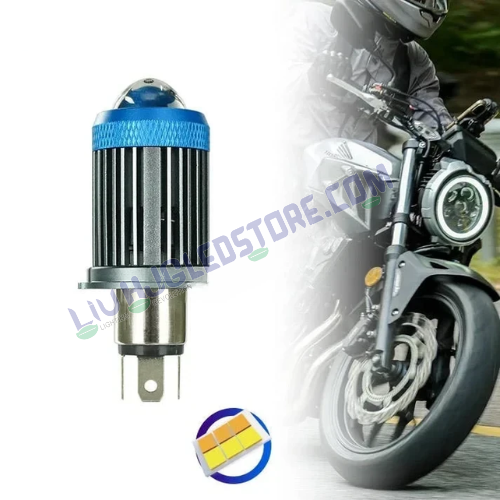 HJG H4 LED Devil Lens Headlight Bulb – Ice Blue DRL with White & Yellow Hi/Lo Beam (50W, 12V, Universal Fit for Motorcycles)