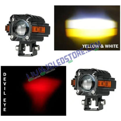 HJG Hazard Series 80W Single Lens Projector Fog Lights with Red & Amber Hazard DRL – Dual Color White/Yellow LED (Set of 2) for Cars & Bikes