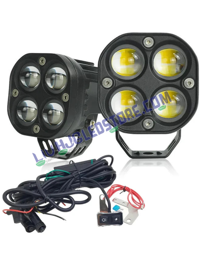 HJG 4x4 Projector Lens 80W LED Fog Light Kit with Wiring Harness – Dual Color White/Yellow with Flash Mode for Cars & Bikes