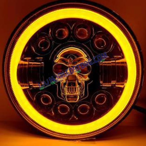 HJG 7-Inch Harley Skull Design LED Headlight for Royal Enfield (All Models) & Mahindra Thar | 12V–80V, 75W