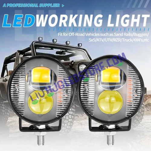 HJG Dual LED Round Fog Light with Red & Blue Strobe Flash – White/Yellow Beam for Bikes & Cars (Single Piece)