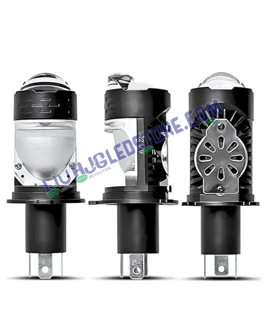 HJG H4 Dual Projector LED Headlight Kit (Set of 2) – 100W Mini Projector Lens Bulbs with Cooling Fan, 12000LM Hi/Lo Beam, Red DRL & White Light for Cars, Bikes & SUVs (12V/24V)