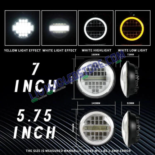HJG 7-Inch Diamond Style 75W LED Headlight | White and Amber Dual Halo DRL | H4 3-Pin | Royal Enfield, Thar, Jeep and Harley Davidson