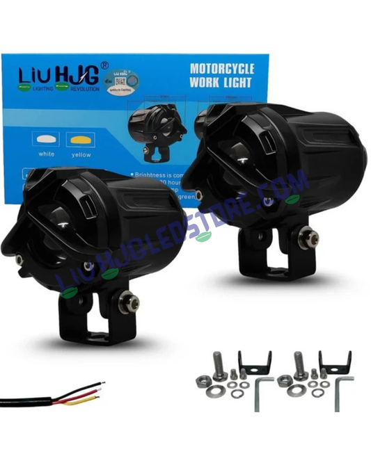 HJG 80W Mini Y Lens LED Fog Lights for Bikes | Dual Color White/Yellow, Ultra Wide Beam, Cooling Fan, Wiring Kit, Universal Fit (Pack of 2)