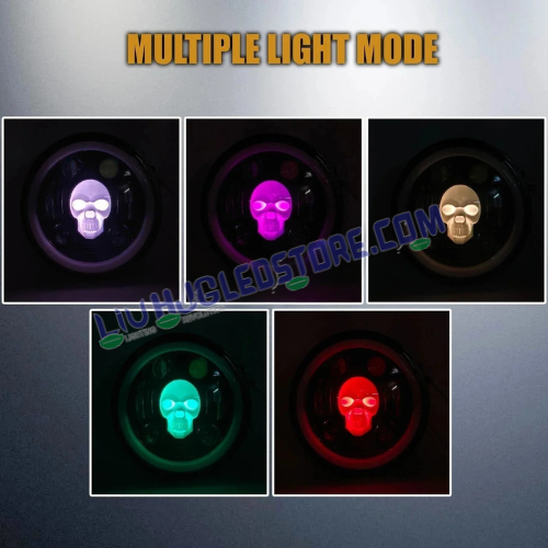 HJG Skull 5.75-Inch 75W LED Headlight Assembly | Multi-DRL Effects, 6500K White Light & White/Yellow Angel Eye | H4 Plug & Play, High/Low Beam | 12–80V DC | Harley Davidson, Jeep & Bajaj Avenger