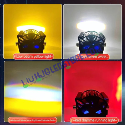 HJG Laser Lens Mini Drive Light with Red DRL Backlight – Triple Color Devil Eye (Red, Yellow, White), Pack of 2 (Latest Model)