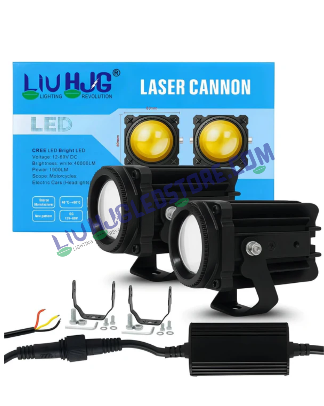 HJG Laser Cannon 80W Projector Fog Lights with Long-Range Laser Beam (500m High Beam / 300m Low Beam) – Dual Color White & Yellow for Cars & Bikes (Set of 2)