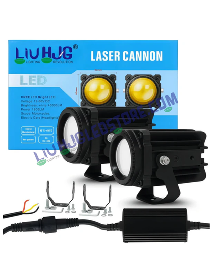 HJG Laser Cannon 80W Projector Fog Lights with Long-Range Laser Beam (500m High Beam / 300m Low Beam) – Dual Color White & Yellow for Cars & Bikes (Set of 2)