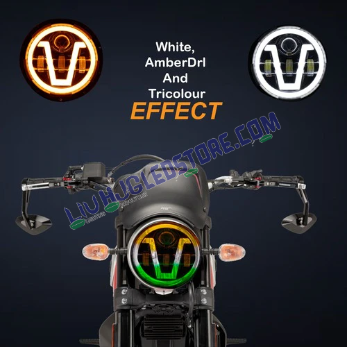HJG 7-Inch 75W Round LED Headlight Model U2 | Yellow and White Dual Halo DRL | H4 3-Pin | Royal Enfield, Thar, Jeep and Harley Davidson