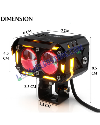 HJG Future Eyes 2-Lens Ring DRL 120W LED Projector Fog Lights with Wiring Harness Kit – Red DRL, Amber Ring, White/Yellow Modes, Universal Fit for Cars & Bikes