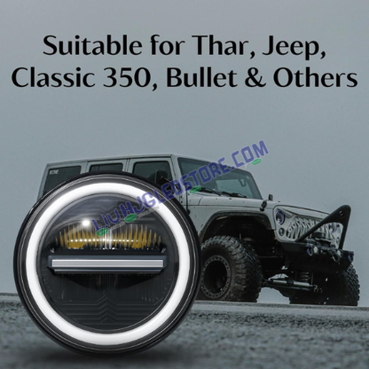 HJG 7-Inch Minus LED Headlight (New Model) 75W Low Beam / 110W High Beam White Light | Universal Fit for Royal Enfield, Jeep & Harley Davidson