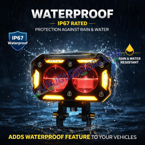 HJG Future Eyes 2-Lens Ring DRL 120W LED Projector Fog Lights with Wiring Harness Kit – Red DRL, Amber Ring, White/Yellow Modes, Universal Fit for Cars & Bikes