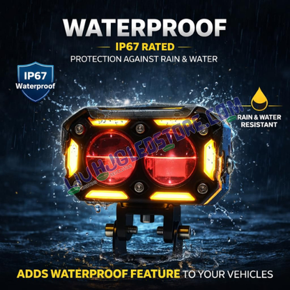 HJG Future Eyes 2-Lens Ring DRL 120W LED Projector Fog Lights with Wiring Harness Kit – Red DRL, Amber Ring, White/Yellow Modes, Universal Fit for Cars & Bikes