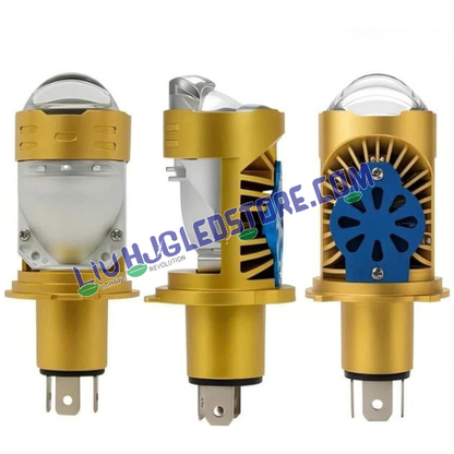 HJG RTD Lens H4 50W Dual-Color LED Projector Bulb | Yellow 3000K Low Beam & White 6500K High Beam | 3500–5000LM | Cooling Fan | H4 Plug & Play | 12–80V DC | Bike & Car | Pack of 1