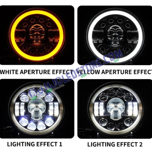 HJG 7-Inch Skull Design LED Headlight | Dual-Color Halo White/Yellow, 30W, High/Low Beam, DRL & Turn Signal, H4 Plug & Play, Royal Enfield, Jeep & Harley Davidson (Harley Boss Style)