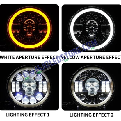 HJG 7-Inch Skull Design LED Headlight | Dual-Color Halo White/Yellow, 30W, High/Low Beam, DRL & Turn Signal, H4 Plug & Play, Royal Enfield, Jeep & Harley Davidson (Harley Boss Style)