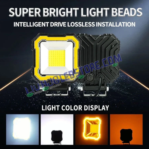 HJG 60W Single LED Square Fog Lights | Red DRL Flash Mode | White LED for Bikes, Cars (Set of 2)