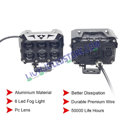 HJG Future Eyes 6x6 180W LED Fog Light Set | 6 Lens Mega Drive, 6000K Cool White, Spot & Flood Beam, Wiring Harness Kit for Bikes, Cars, Thar & Jeep (Pack of 2)