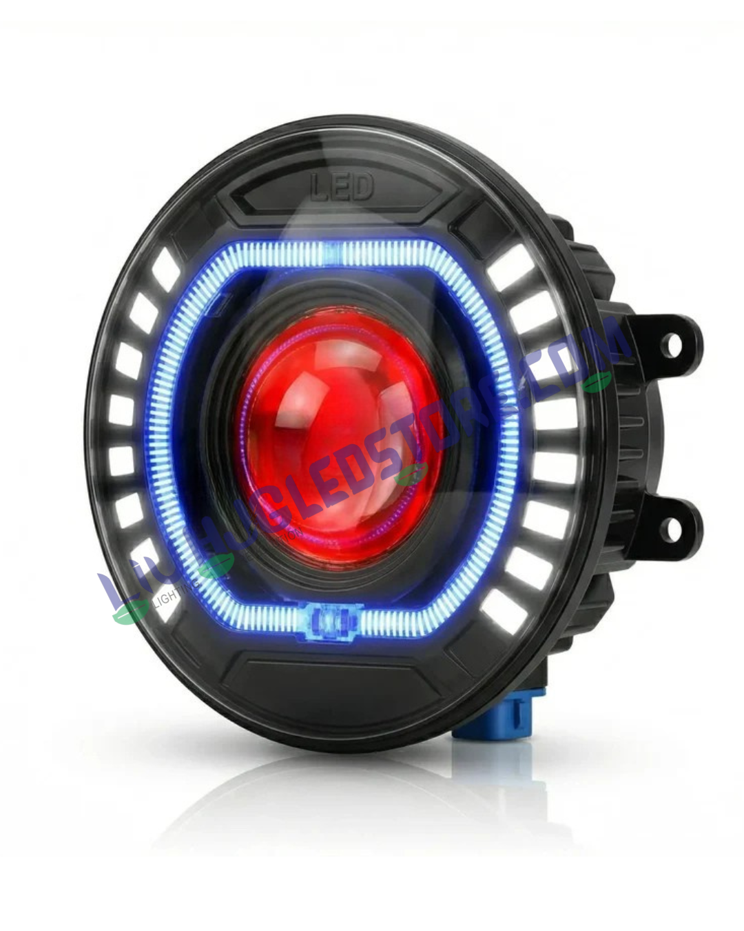 HJG C-227 7-Inch 108W LED Projector Headlight with Red & Blue Halo DRL – Ultra Wide Beam Headlamp for Royal Enfield, Thar, Jeep & Gypsy