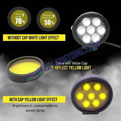 HJG 7 LED 140W Fog Light Set | High-Power White Beam with Yellow Covers, Auxiliary Lamps, Wiring Harness Kit for Bikes & Cars (Pack of 2)