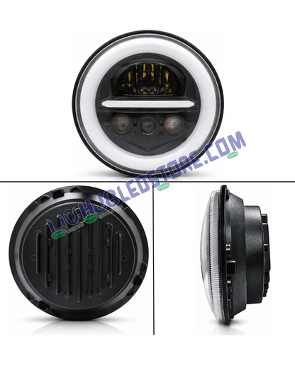 HJG 7-Inch Triple Projector LED Headlight (Minus Style) 107W with Dual Color DRL | CREE/Osram White/Yellow Fit for Royal Enfield, Jeep, Thar & Gypsy