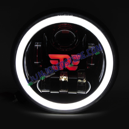 HJG 7-Inch RE Logo LED Headlight Assembly | 75–90W, Multi-Color DRL, High/Low Beam, CREE/Osram Chip, H4 Plug & PlayCompatible with Royal Enfield, Jeep, Thar & Gypsy