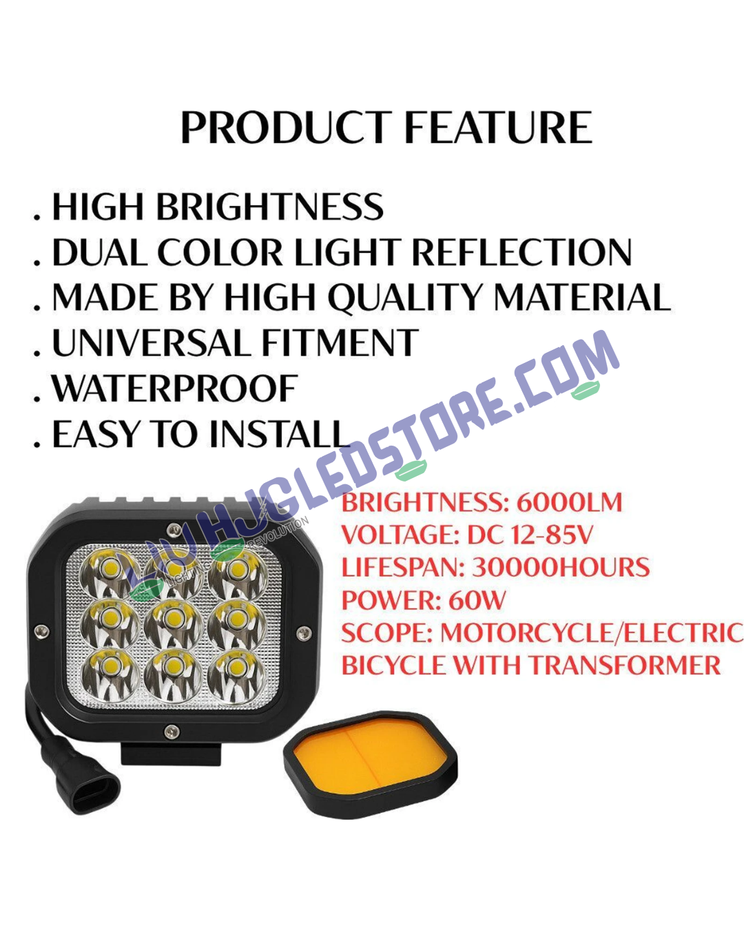 HJG 9-LED 70W Dual Color CREE Fog Light Set (Yellow/White) with Wiring Harness & Yellow Filter Cap – Universal for Bikes, Cars & Jeeps