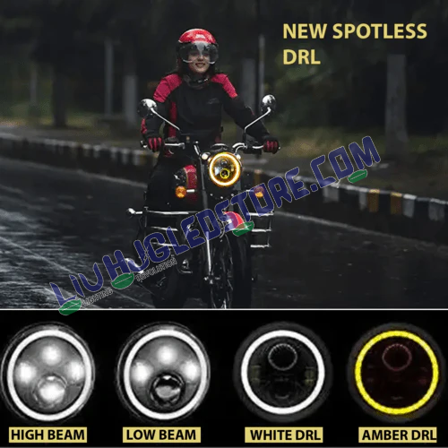 HJG 7-Inch LED Headlight with Clear DRL & Dual Beam – 75W (12V–80V) Compatible with Royal Enfield Models & Mahindra Thar