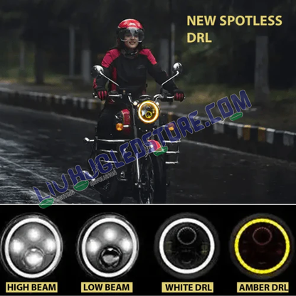 HJG 7-Inch LED Headlight with Clear DRL & Dual Beam – 75W (12V–80V) Compatible with Royal Enfield Models & Mahindra Thar