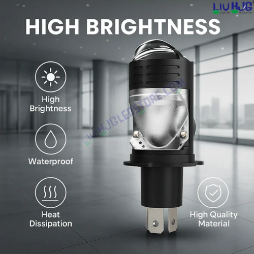 HJG Y6 H4 LED Projector Headlight Bulb for Motorcycles – 50W Mini Projector Lens with Cooling Fan, 7000LM Hi/Lo Beam Conversion Kit, 12V/24V Universal Bike Headlight, White (Set of 1)