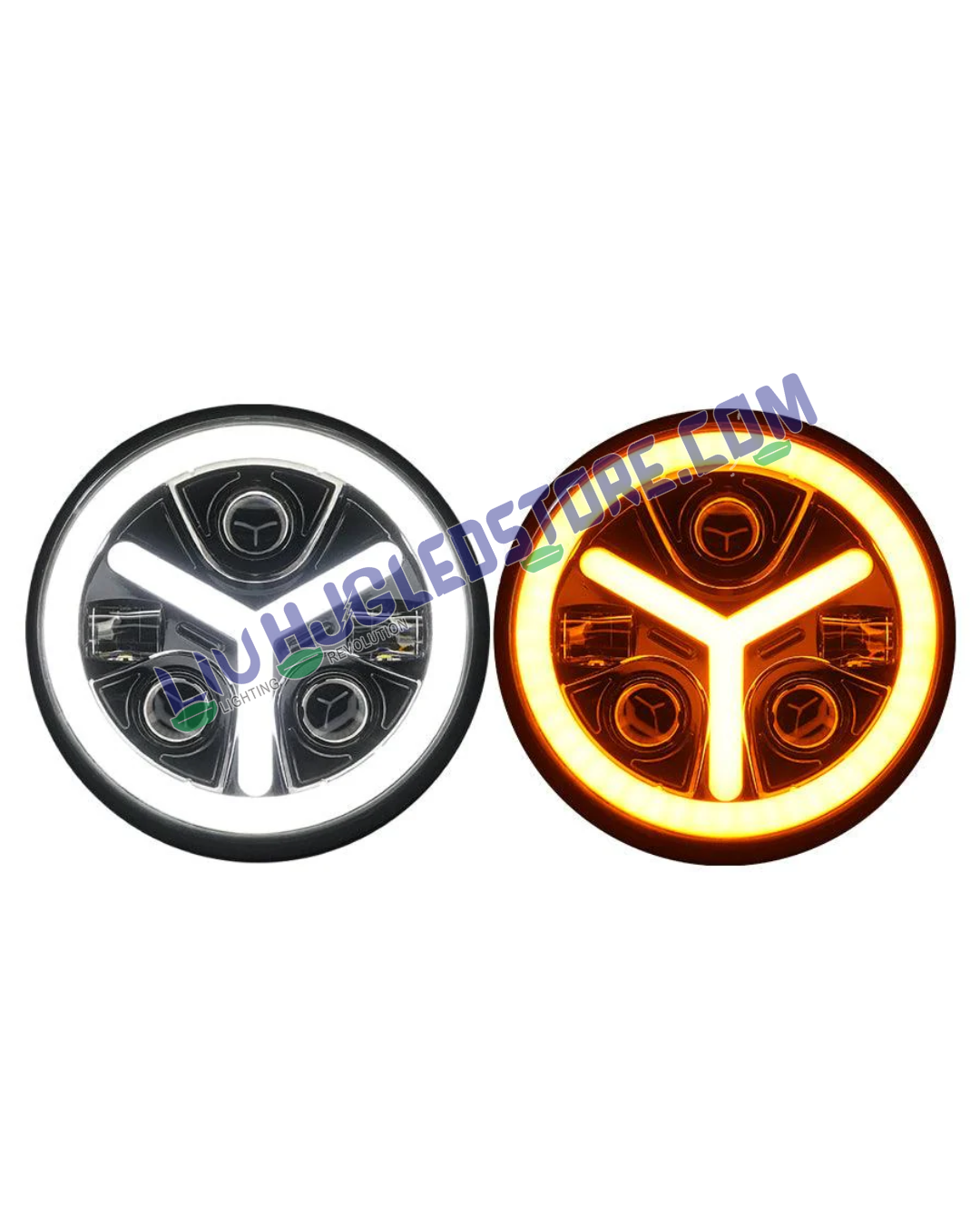 HJG 7-Inch Y-Shape Projector LED Headlight (Mercedes Style) 90W White with Dual Color DRL | CREE/Osram 80–100W Compatible with Royal Enfield, Jeep, Thar & Gypsy