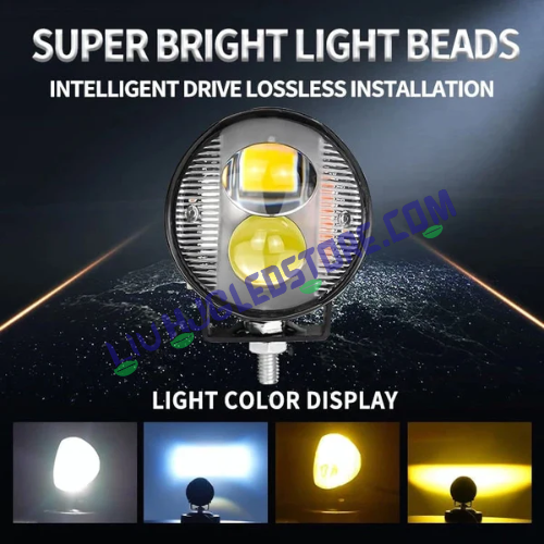 HJG 2 LED Round Fog Lights with Red & Blue Strobe Flash – Dual Color White/Yellow Projector, Heavy-Duty Aluminium Build (Pack of 2)