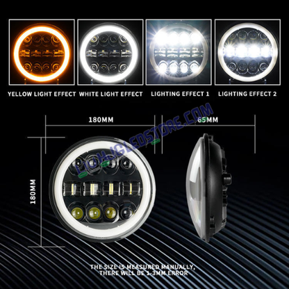 HJG 7-Inch Tuff Plus LED Headlight with Dual Color Halo (Yellow/White) for Royal Enfield, Jeep & Harley Davidson – Model 231046