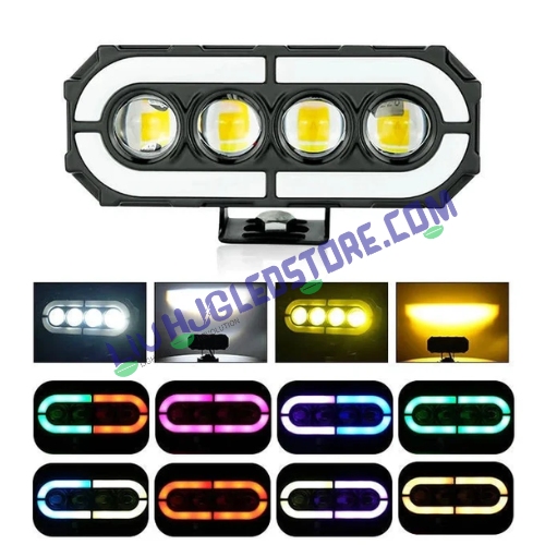 HJG 4 Lens RGB Ring 60W LED Fog Light (Single Unit) – Projector Fog Lamp with White/Yellow Beam & Multi-Color RGB DRL for Cars & Bikes
