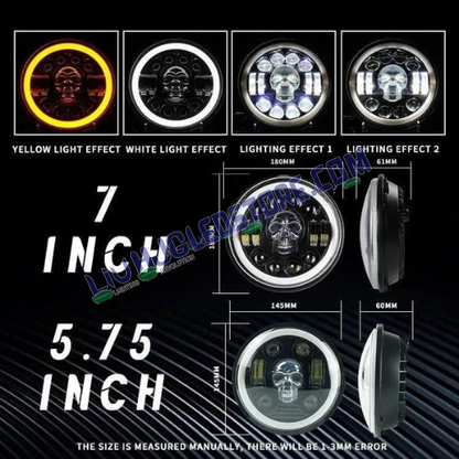 HJG 7-Inch Skull Design LED Headlight | Dual-Color Halo White/Yellow, 30W, High/Low Beam, DRL & Turn Signal, H4 Plug & Play, Royal Enfield, Jeep & Harley Davidson (Harley Boss Style)