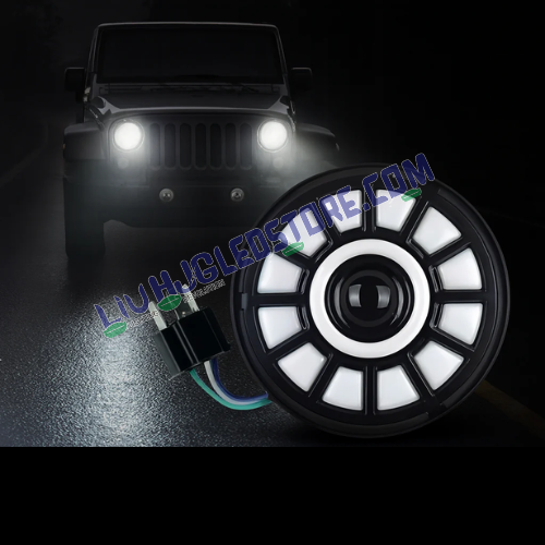 HJG 7-Inch Chakri RGB LED Headlight Assembly (75–120W CREE/Osram) – Multicolor Fit for Royal Enfield, Jeep, Thar & Gypsy