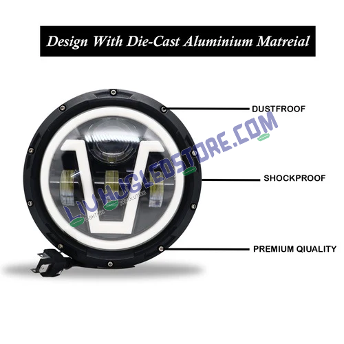 HJG 7-Inch 75W Round LED Headlight Model U2 | Yellow and White Dual Halo DRL | H4 3-Pin | Royal Enfield, Thar, Jeep and Harley Davidson