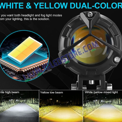 HJG 80W Mini Y Lens LED Fog Lights for Bikes | Dual Color White/Yellow, Projector Beam, Cooling Fan, Wiring Harness Kit, Universal Fit (Pack of 2)