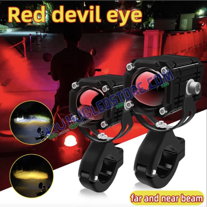 HJG CO-2 V4 Mini Drive 60W LED Light Kit with Wiring Harness – Red Devil Eye, Triple Color (Red/Yellow/White), Universal for Bikes & Cars
